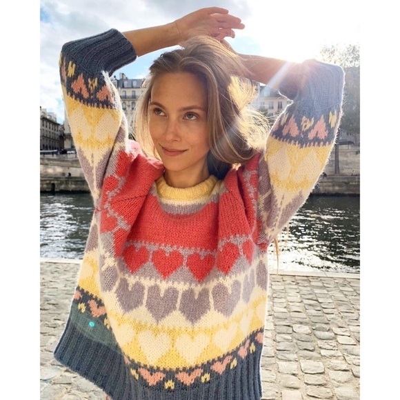 LoveShackFancy Sweater Shirelle Puff-Sleeve Heart Wool Alpaca Pink Icing M EUC - Picture 1 of 13